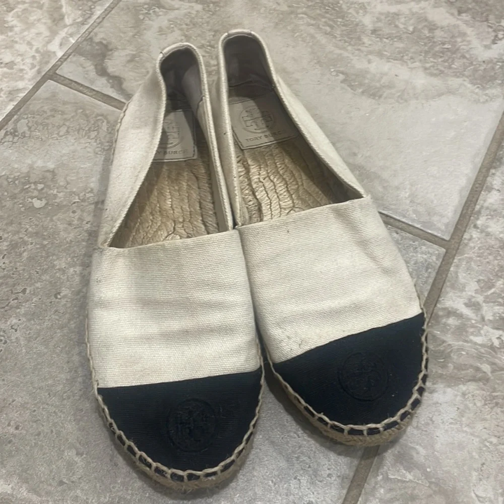 Tory Burch Canvas Color‎ Block Flat Espadrille size 8 Black And Tan